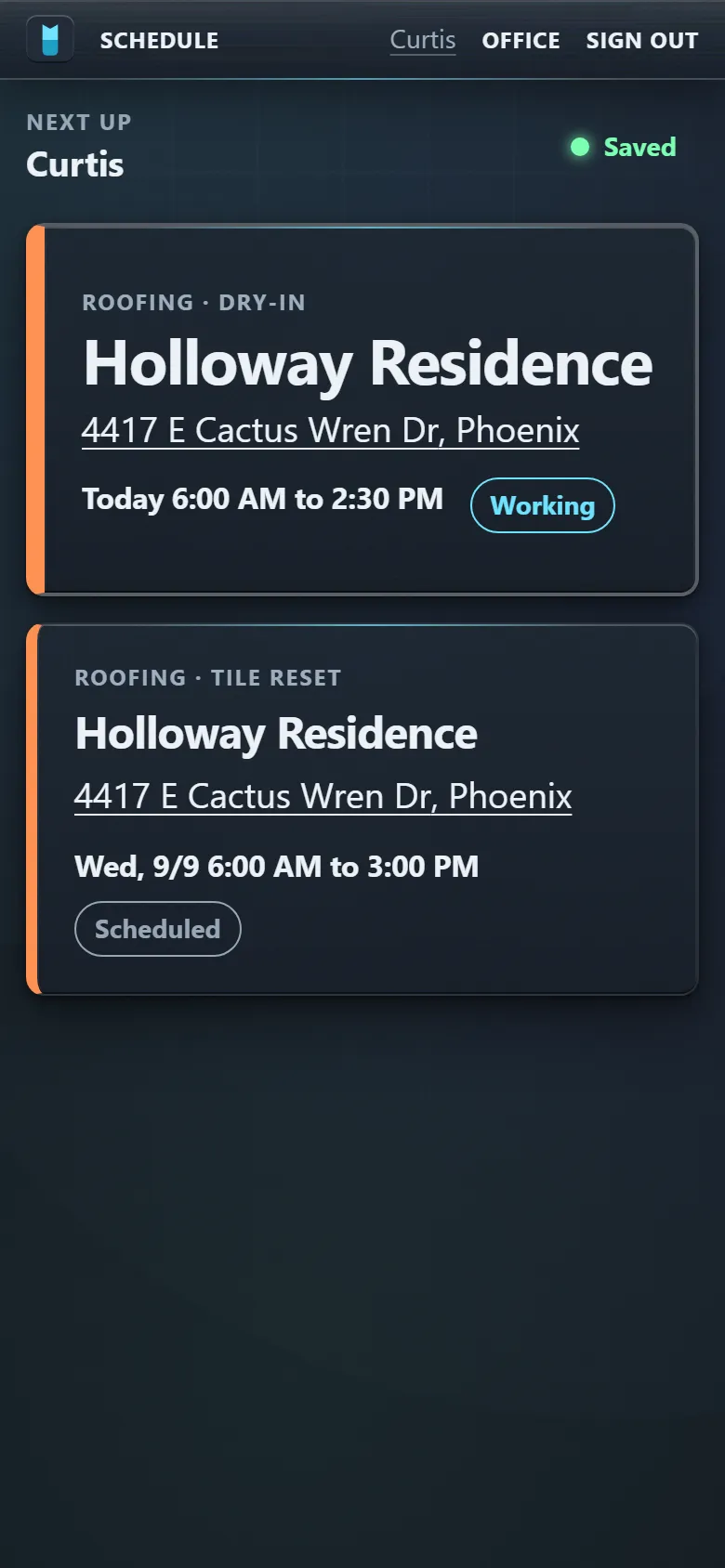 The crew phone's Today screen: the next work order, its address, and the one button that matters.